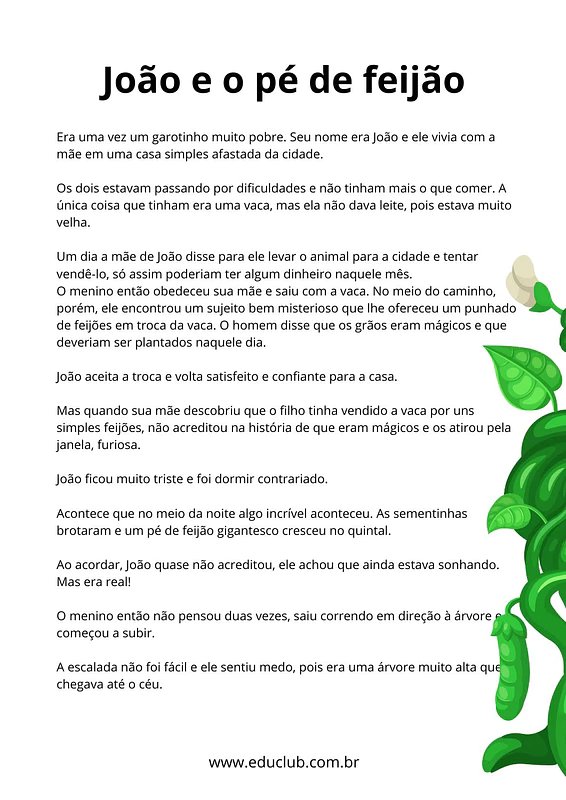 Interpretação de texto João e o Pé de Feijão | Educlub